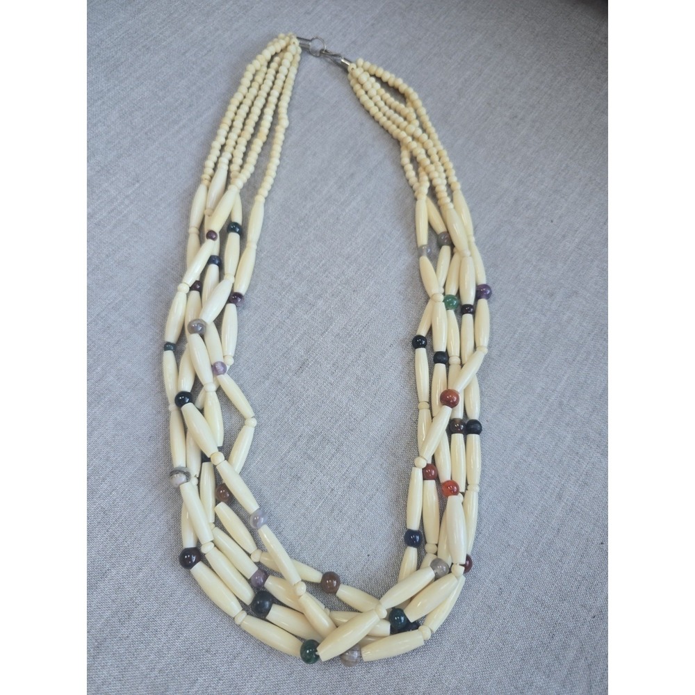 Vintage Rare Multi Strand Necklace Women OS Cream Excellent Beaded Stone Layered
